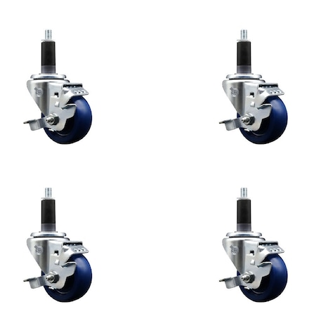 Service Caster 3'' SS Solid Poly Swivel 1-1/8'' Expanding Stem Caster Set with Brake, 4PK SCC-SSEX20S314-SPUS-TLB-118-4